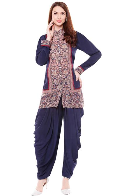 Soup By Sougat Paul_Blue Crepe Madhubani Band Collar Printed Kurta And Dhoti Pant Set _Online_at_Aza_Fashions