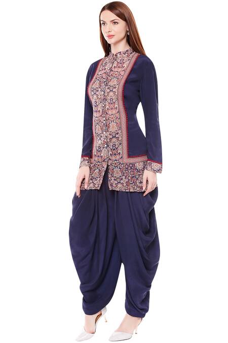 Buy_Soup By Sougat Paul_Blue Crepe Madhubani Band Collar Printed Kurta And Dhoti Pant Set _Online_at_Aza_Fashions