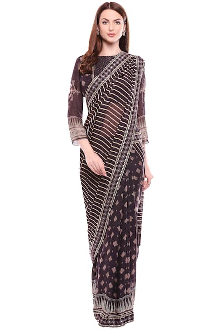Soup By Sougat Paul Brown Chiffon Cutdana, Striped Print Pre-draped Saree With Embellished Blouse Online at Aza Fashions Soup By Sougat Paul_Brown Chiffon Cutdana, Striped Print Pre-draped Saree With Embellished Blouse _Online_at_Aza_Fashions