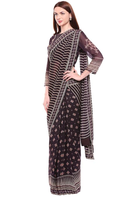 Buy Soup By Sougat Paul Brown Chiffon Cutdana, Striped Print Pre-draped Saree With Embellished Blouse Online at Aza Fashions Buy_Soup By Sougat Paul_Brown Chiffon Cutdana, Striped Print Pre-draped Saree With Embellished Blouse _Online_at_Aza_Fashions