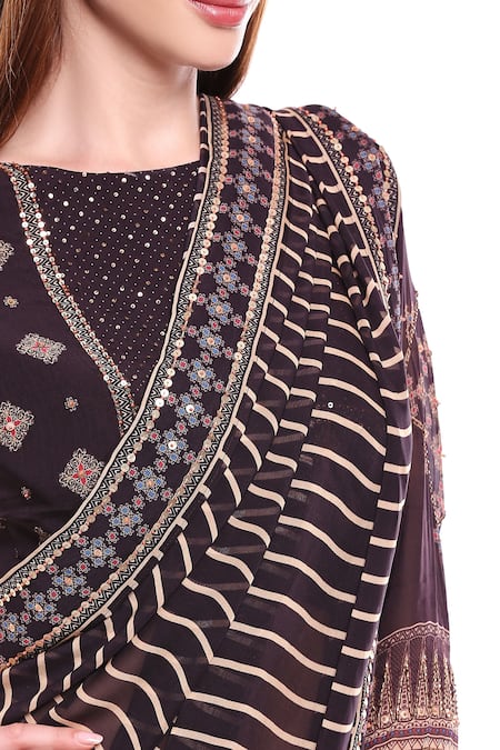 Shop Soup By Sougat Paul Brown Chiffon Cutdana, Striped Print Pre-draped Saree With Embellished Blouse Online at Aza Fashions Shop_Soup By Sougat Paul_Brown Chiffon Cutdana, Striped Print Pre-draped Saree With Embellished Blouse _Online_at_Aza_Fashions