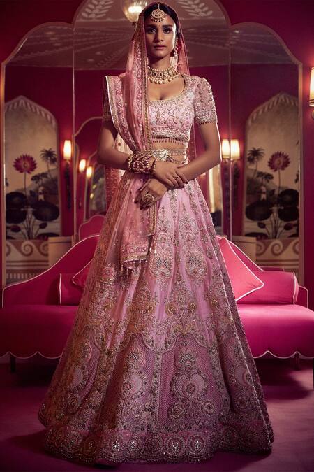 Tarun Tahiliani Pink Raw Silk Round Embroidered Lehenga Set 