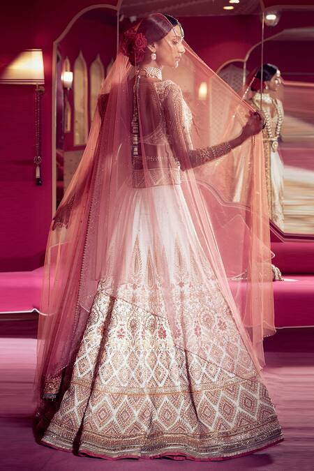 Shop_Tarun Tahiliani_White Tulle V Neck Embroidered Lehenga Set _at_Aza_Fashions