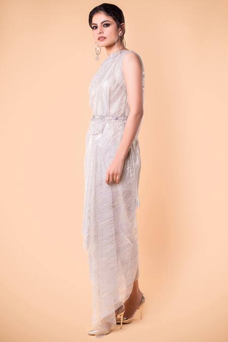 Tarun Tahiliani White Foil Crinkle Draped Midi Dress Online at Aza Fashions Tarun Tahiliani_White Foil Crinkle Draped Midi Dress _Online_at_Aza_Fashions
