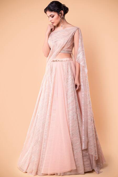 Tarun Tahiliani_Peach Foil Crinkle V Neck Draped Lehenga Set _Online_at_Aza_Fashions