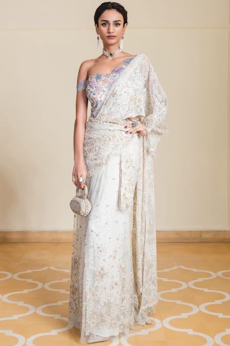 Tarun Tahiliani White Tulle Asymmetric Pre-draped Saree With Bodysuit 