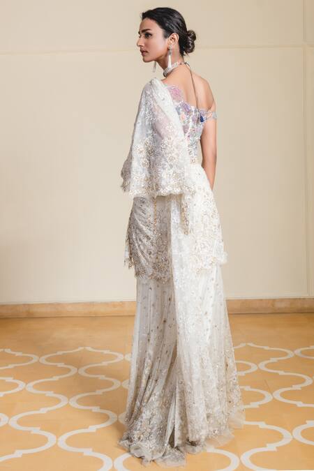 Shop_Tarun Tahiliani_White Tulle Asymmetric Pre-draped Saree With Bodysuit _at_Aza_Fashions