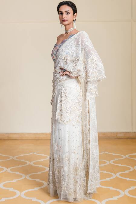 Shop_Tarun Tahiliani_White Tulle Asymmetric Pre-draped Saree With Bodysuit _Online_at_Aza_Fashions