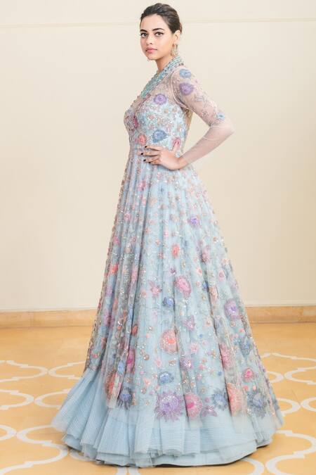 Tarun Tahiliani_Blue Tulle Round Embellished Anarkali Lehenga Set _Online_at_Aza_Fashions