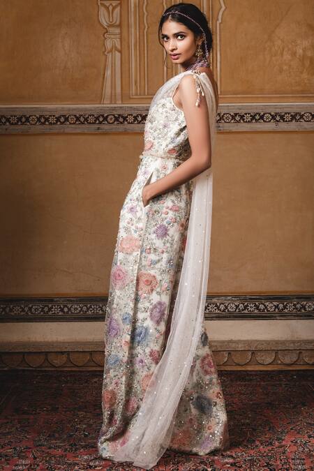 Tarun Tahiliani_White Tulle Round Embellished Draped Jumpsuit _Online_at_Aza_Fashions