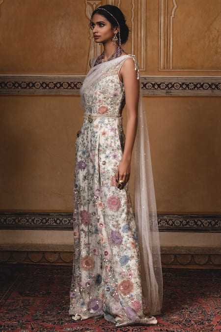 Buy_Tarun Tahiliani_White Tulle Round Embellished Draped Jumpsuit _Online_at_Aza_Fashions