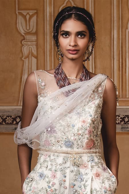 Shop_Tarun Tahiliani_White Tulle Round Embellished Draped Jumpsuit _Online_at_Aza_Fashions