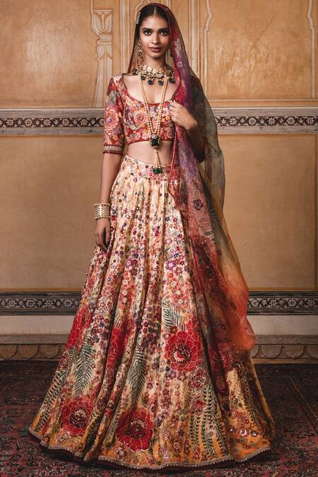 Tarun Tahiliani_Multi Color Chanderi Silk Round Lehenga Set_Online_at_Aza_Fashions