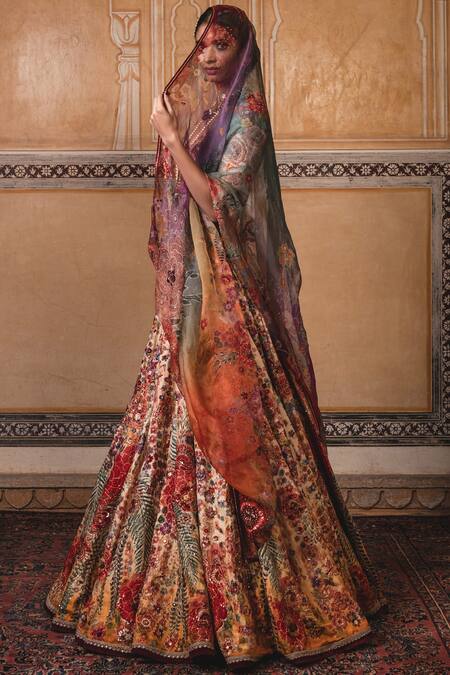 Buy_Tarun Tahiliani_Multi Color Chanderi Silk Round Lehenga Set_Online_at_Aza_Fashions