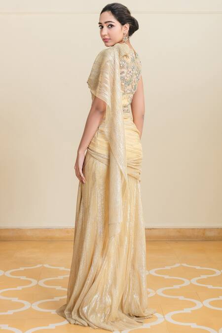 Shop_Tarun Tahiliani_Yellow Foil Crinkle Round Pre-draped Saree Gown _at_Aza_Fashions