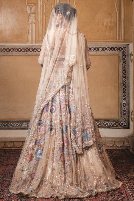 Shop_Tarun Tahiliani_Peach Tulle V Neck Embroidered Lehenga Set_at_Aza_Fashions