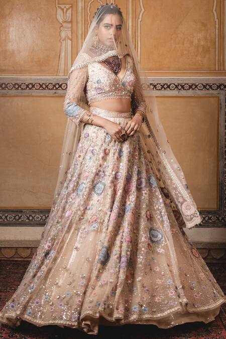Tarun Tahiliani_Peach Tulle V Neck Embroidered Lehenga Set_Online_at_Aza_Fashions