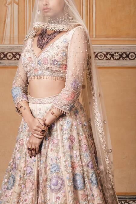 Shop_Tarun Tahiliani_Peach Tulle V Neck Embroidered Lehenga Set_Online_at_Aza_Fashions