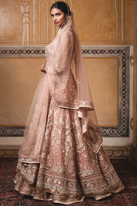 Buy_Tarun Tahiliani_Peach Tulle V Neck Embellished Anarkali Lehenga Set _Online_at_Aza_Fashions