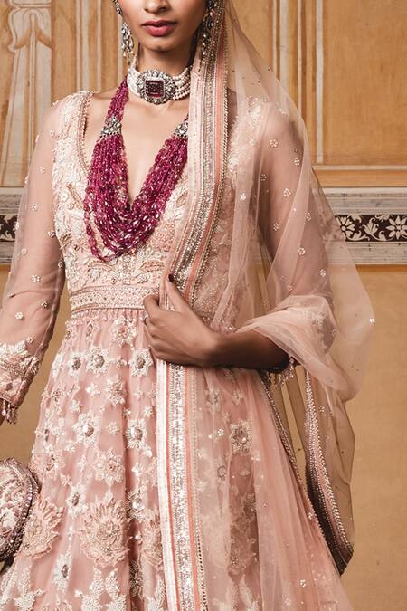 Shop_Tarun Tahiliani_Peach Tulle V Neck Embellished Anarkali Lehenga Set _Online_at_Aza_Fashions