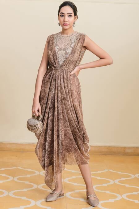 Tarun Tahiliani Gold Foil Crinkle Tulle Round Draped Midi Dress