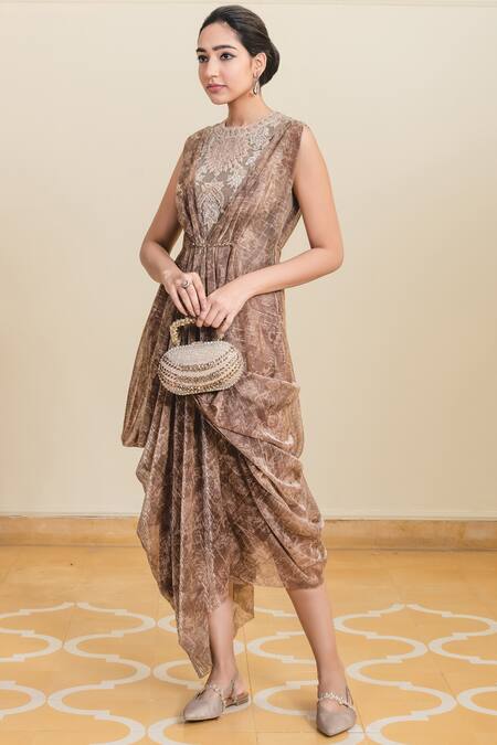 Tarun Tahiliani_Gold Foil Crinkle Tulle Round Draped Midi Dress _Online_at_Aza_Fashions