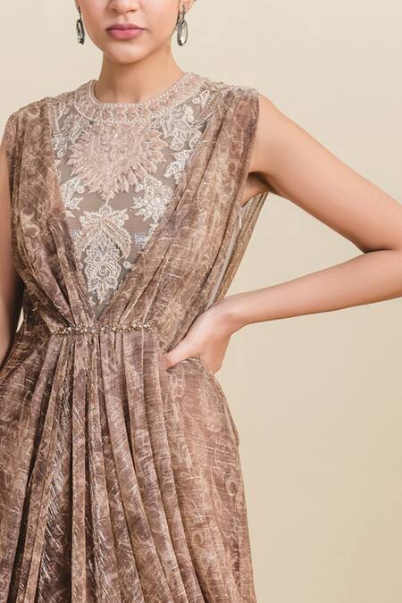 Shop_Tarun Tahiliani_Gold Foil Crinkle Tulle Round Draped Midi Dress _Online_at_Aza_Fashions