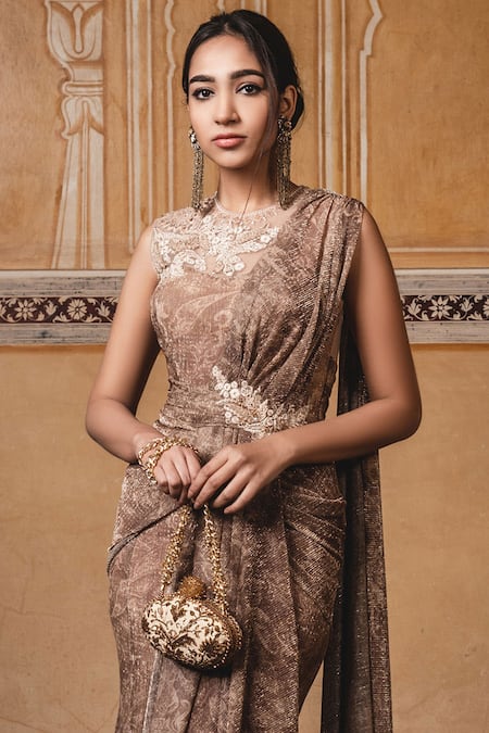 Buy_Tarun Tahiliani_Gold Foil Crinkle Tulle Round Pre-draped Saree Gown _Online_at_Aza_Fashions