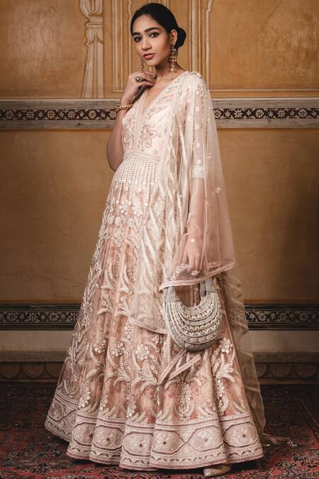 Tarun Tahiliani_Peach Tulle V Neck Chanderi Anarkali Set _Online_at_Aza_Fashions