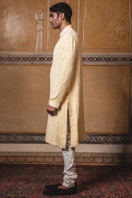 Tarun Tahiliani_Yellow Silk Georgette Chikankari Embroidered Kurta Set _Online_at_Aza_Fashions