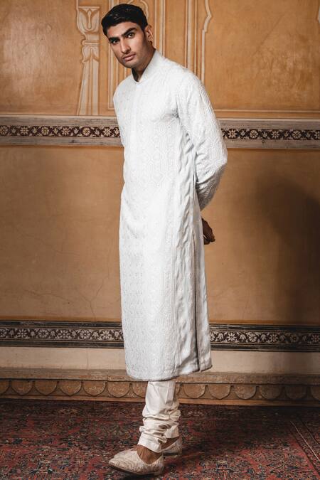 Tarun Tahiliani_Blue Silk Georgette Chikankari Embroidered Kurta Set _Online_at_Aza_Fashions