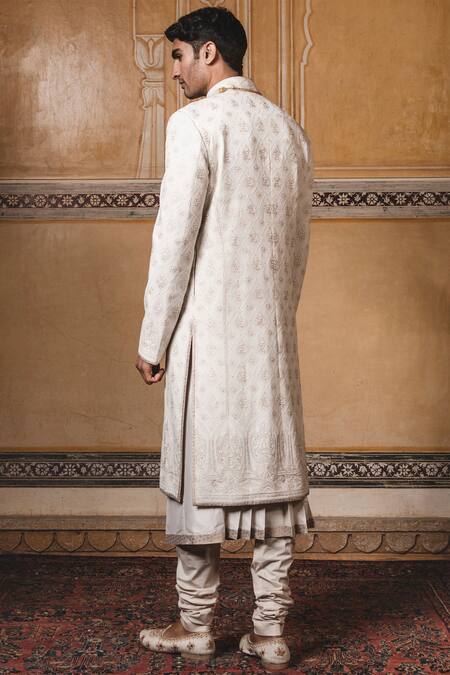 Shop Tarun Tahiliani White Silk Georgette Chikankari Embroidered Sherwani Set at Aza Fashions Shop_Tarun Tahiliani_White Silk Georgette Chikankari Embroidered Sherwani Set _at_Aza_Fashions