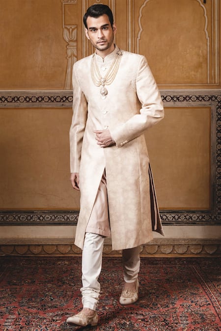 Tarun Tahiliani Peach Silk Dupion Printed Sherwani 