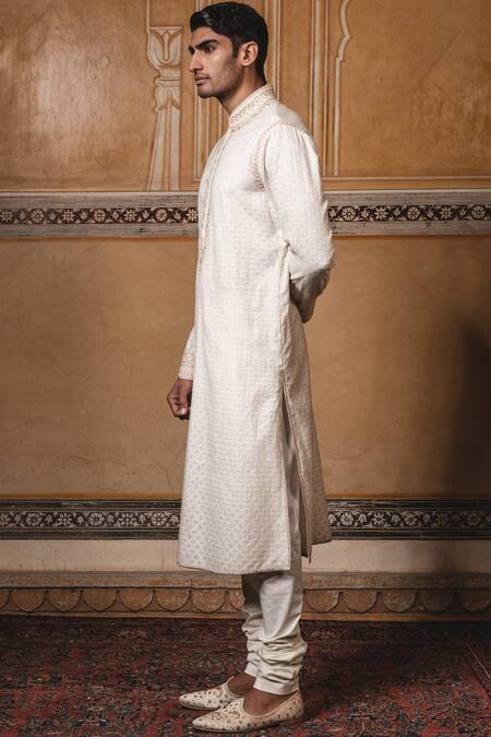 Tarun Tahiliani_White Chanderi Brocade Kurta Set _Online_at_Aza_Fashions