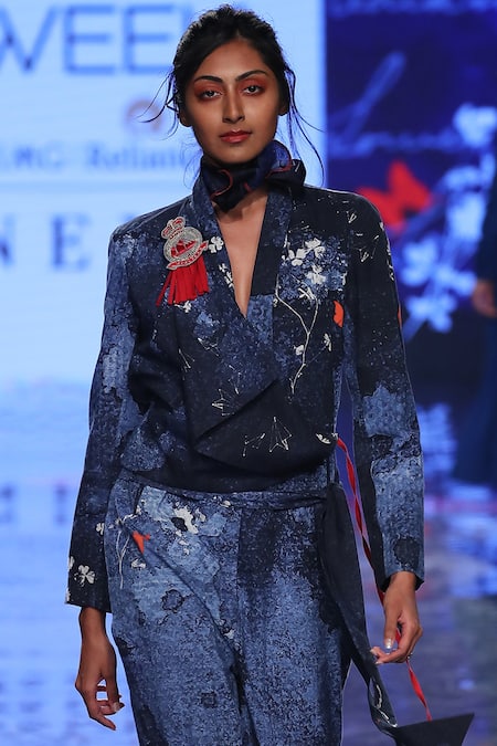 Jajaabor_Blue Cotton Slub Printed Jumpsuit_Online_at_Aza_Fashions