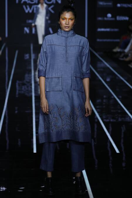 Anurag Gupta_Blue Denim High Neck Embroidered Kurta Set  _Online_at_Aza_Fashions