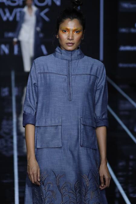 Buy_Anurag Gupta_Blue Denim High Neck Embroidered Kurta Set  _Online_at_Aza_Fashions