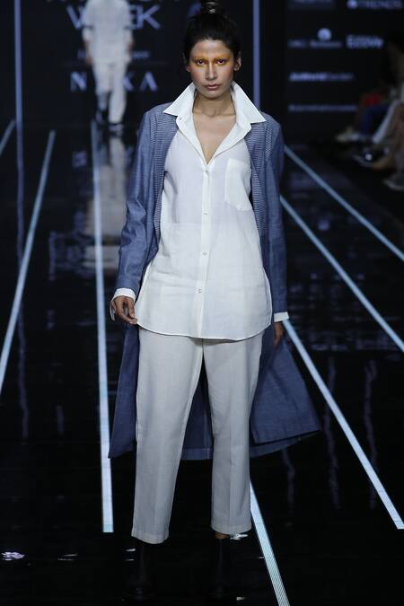 Anurag Gupta_White Cotton, Denim Shirt Spread Collar Jacket Pant Set _Online_at_Aza_Fashions