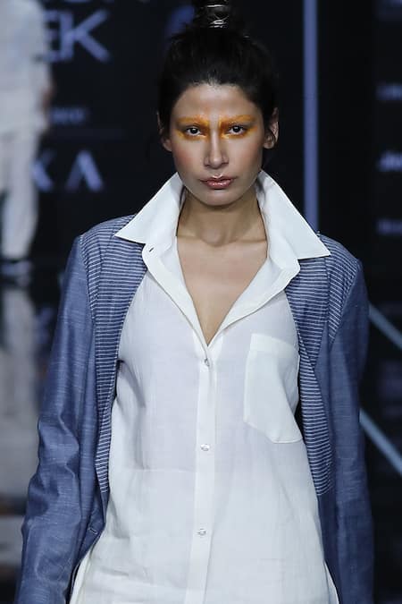 Buy_Anurag Gupta_White Cotton, Denim Shirt Spread Collar Jacket Pant Set _Online_at_Aza_Fashions