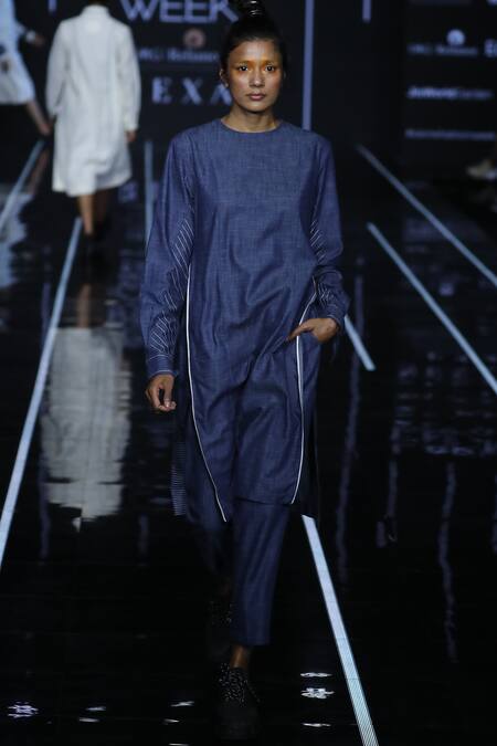 Anurag Gupta_Blue Denim Round Kurta Set  _Online_at_Aza_Fashions