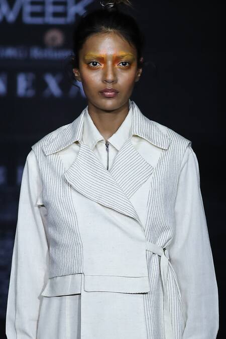 Anurag Gupta_White Cotton Jacket Notch Lapel Jumpsuit Shirt Collar With Striped _Online_at_Aza_Fashions