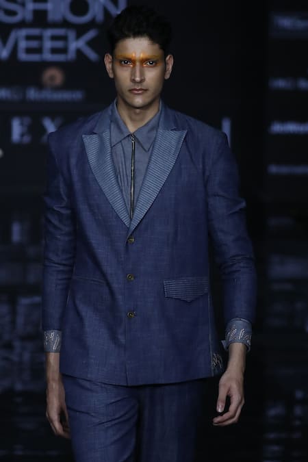 Anurag Gupta_Blue Denim Blazer Set _Online_at_Aza_Fashions