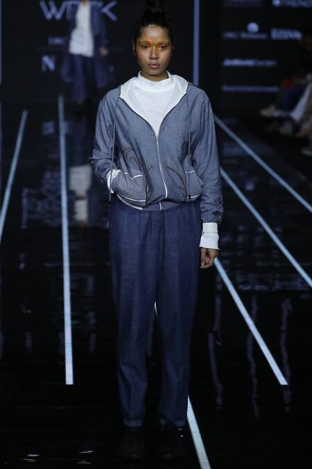 Anurag Gupta_Blue Cotton, Denim Top Band Collar Zipper Jacket Pant Set _Online_at_Aza_Fashions