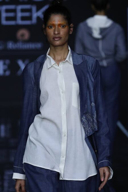 Anurag Gupta Blue Cotton, Denim Jacket Peak Lapelshirt Stand Fall Collar Pant Set Online at Aza Fashions Anurag Gupta_Blue Cotton, Denim Jacket Peak Lapelshirt Stand Fall Collar Pant Set _Online_at_Aza_Fashions