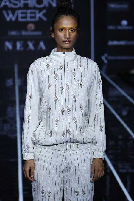 Anurag Gupta_White Cotton High Neck Striped Jacket Pant Set _Online_at_Aza_Fashions