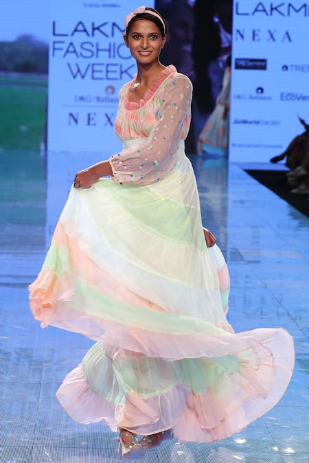 Gazal Mishra_Multi Color Kota Doria Round Tiered Gown_Online_at_Aza_Fashions