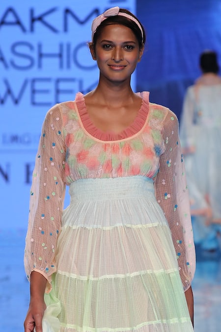 Buy_Gazal Mishra_Multi Color Kota Doria Round Tiered Gown_Online_at_Aza_Fashions