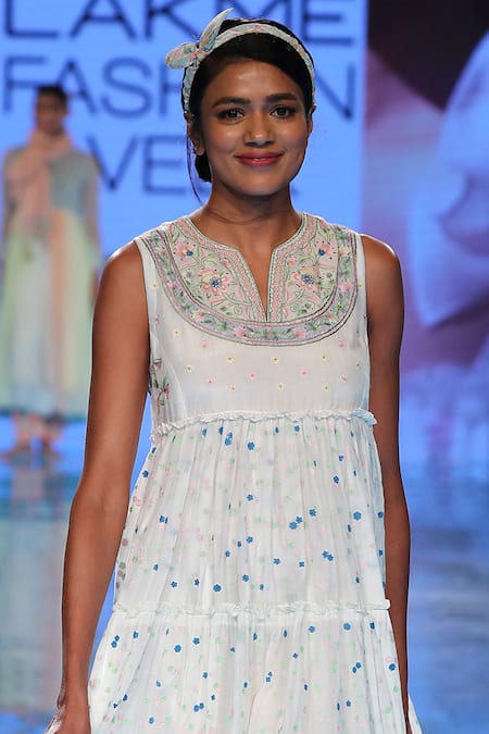 Gazal Mishra_White Chanderi Silk Round Tiered Dress_Online_at_Aza_Fashions