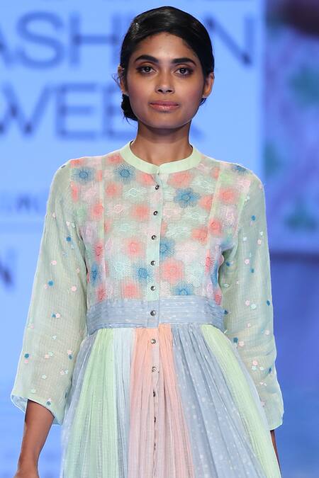 Gazal Mishra Multi Color Chanderi Silk Band Collar Dress Online at Aza Fashions Gazal Mishra_Multi Color Chanderi Silk Band Collar Dress_Online_at_Aza_Fashions