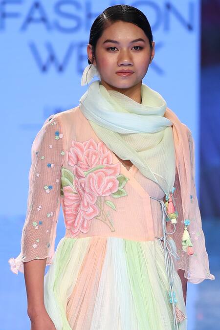 Gazal Mishra_Multi Color Kota Doria V Neck Flared Midi Dress_Online_at_Aza_Fashions